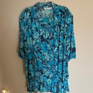Tahari Teal & Navy Floral Open-Front Tunic Cardigan